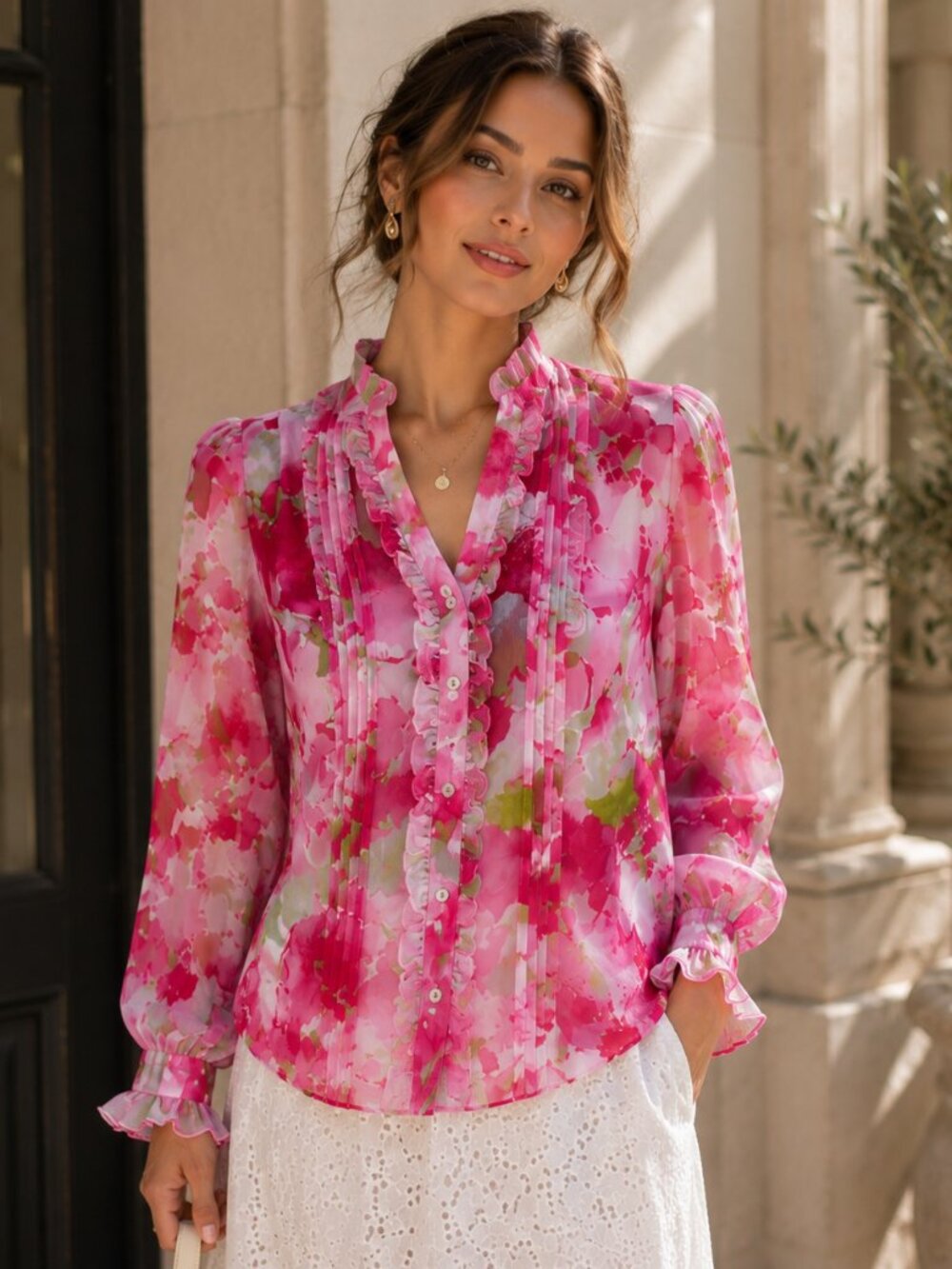 Vintage Anne Klein Petite Floral Ruffle Blouse Pink NWT Y2K